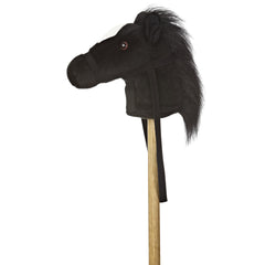 A black pony hobby horse plush toy from Giddy-Up Friends with a white forehead blaze and black mane.