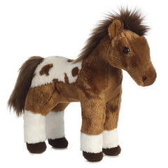 A brown plush horse toy from Aurora with a white snout, stitched saddle, and flowing dark mane.
