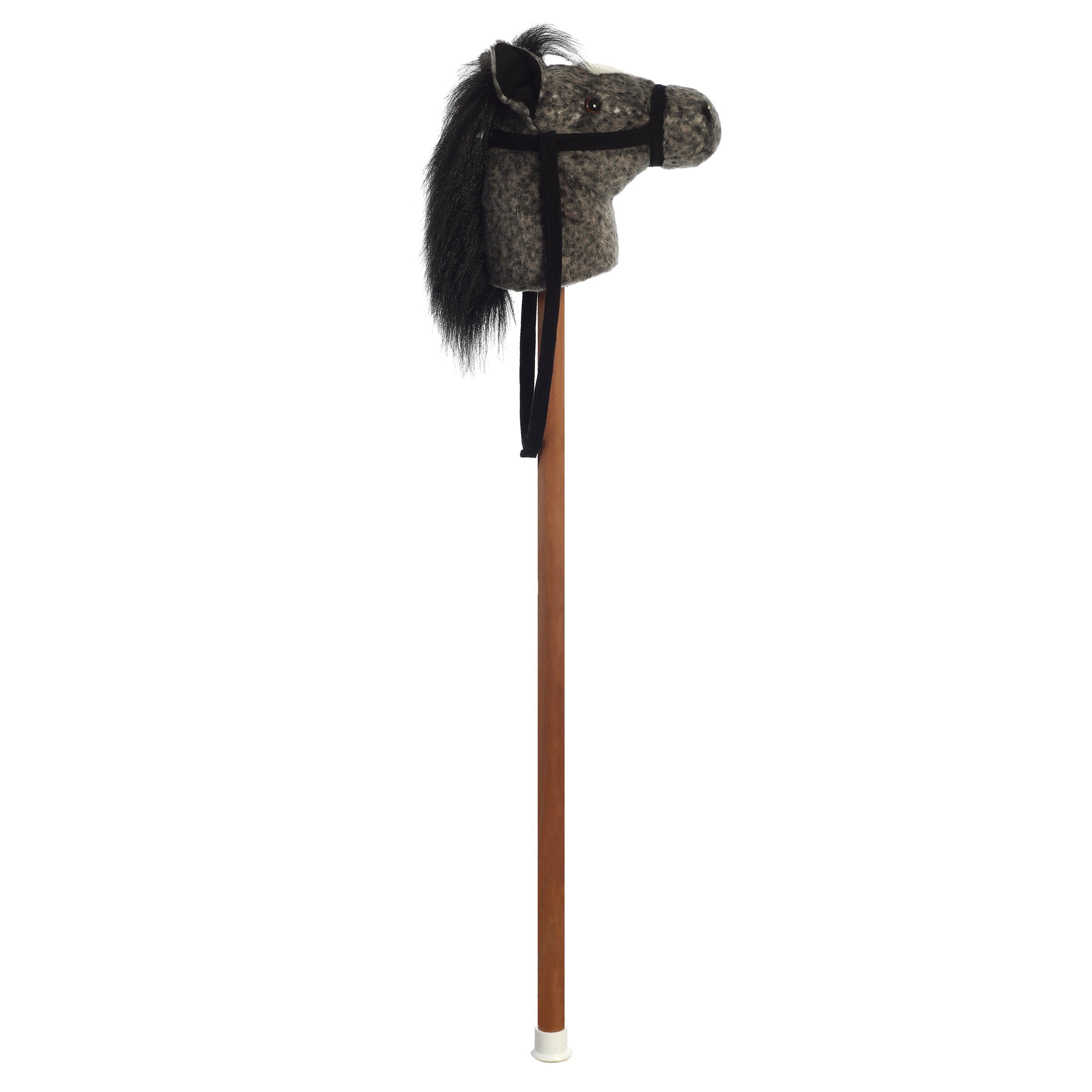A dark dapple grey horse hobby horse plush toy from Giddy-Up Friends with a soft black mane.