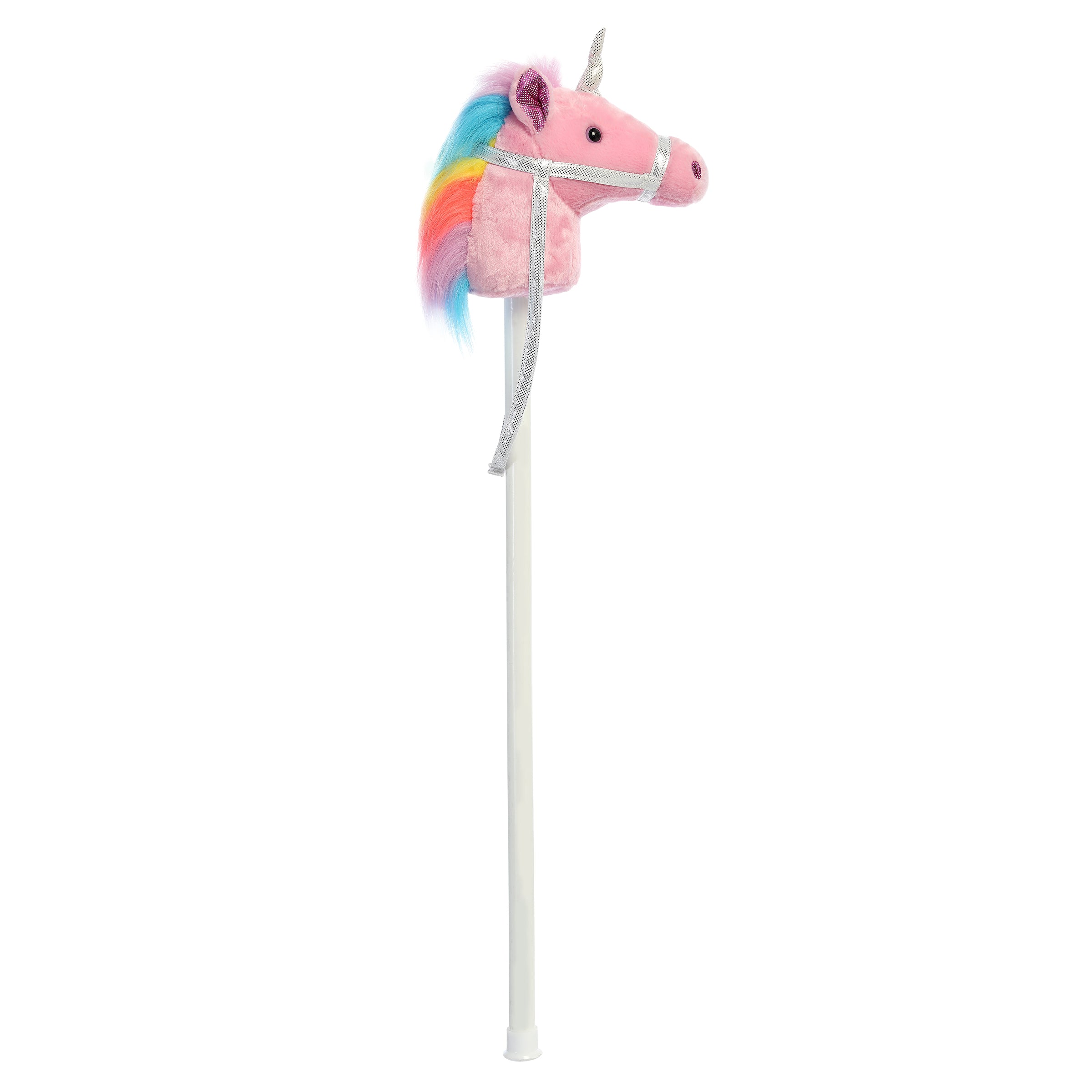 A pink unicorn hobby horse toy from Giddy-Up Friends with a unicorn plush head, silver horn, and rainbow mane.