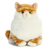 Plush toy of a fat orange striped cat with white accents and big, warm golden eyes.