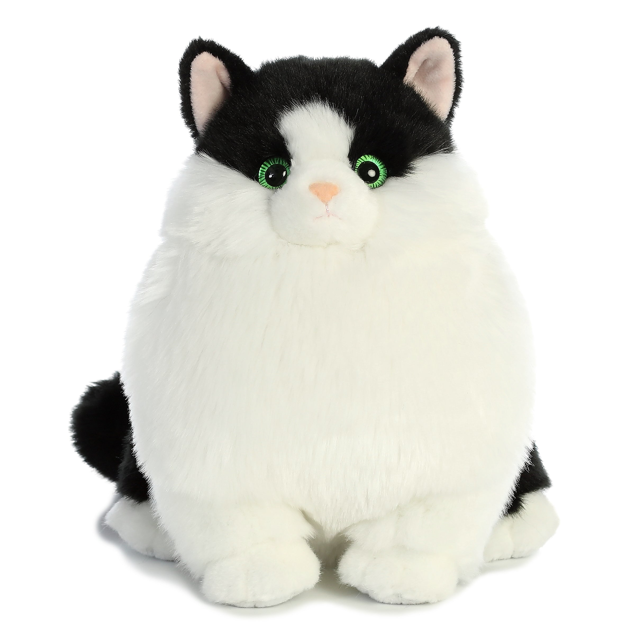 Plush toy of a black and white tuxedo cat with green eyes and extra-fluffy plush body.