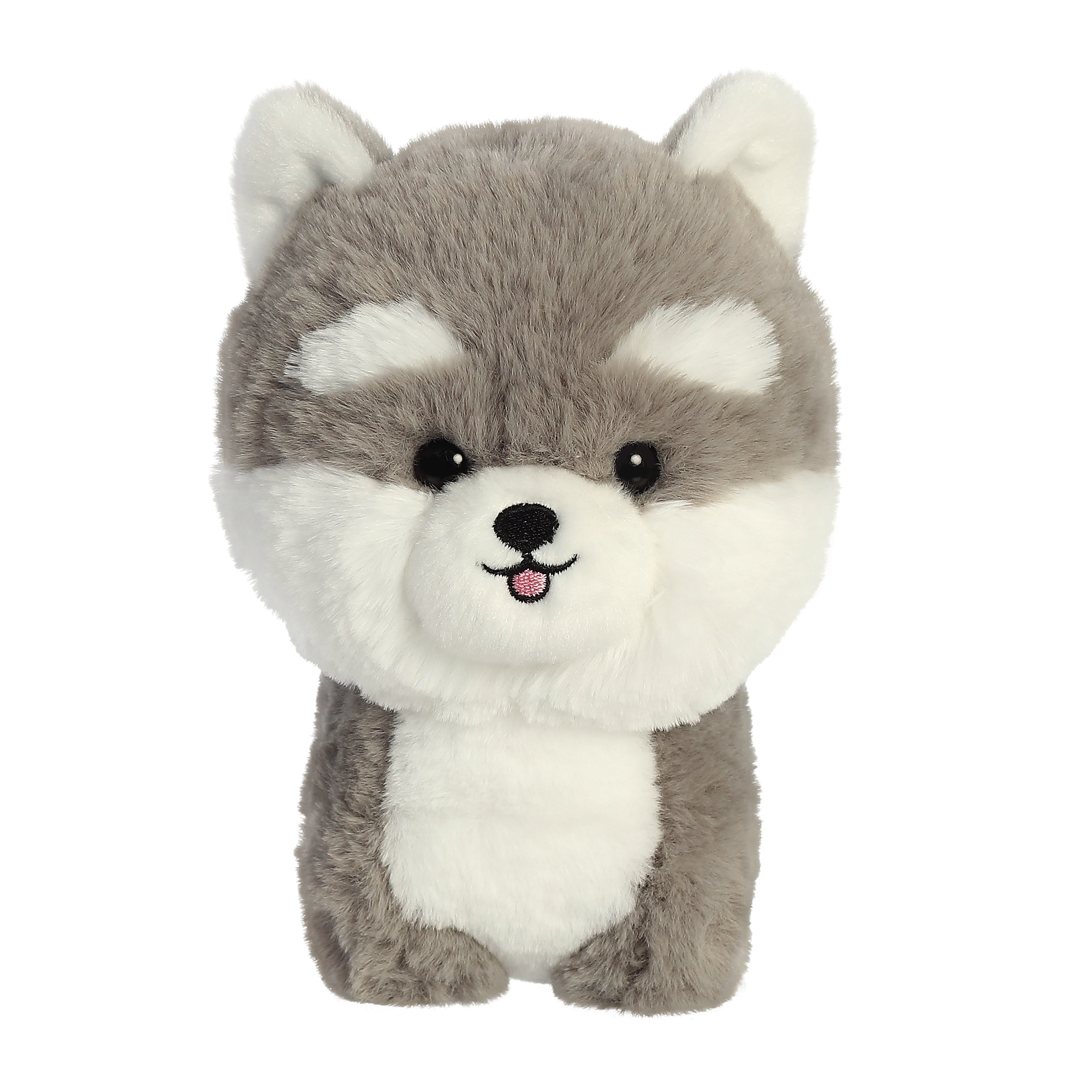 Husky plush toy from Aurora stuffed animals with soft, grey fur and blue eyes.