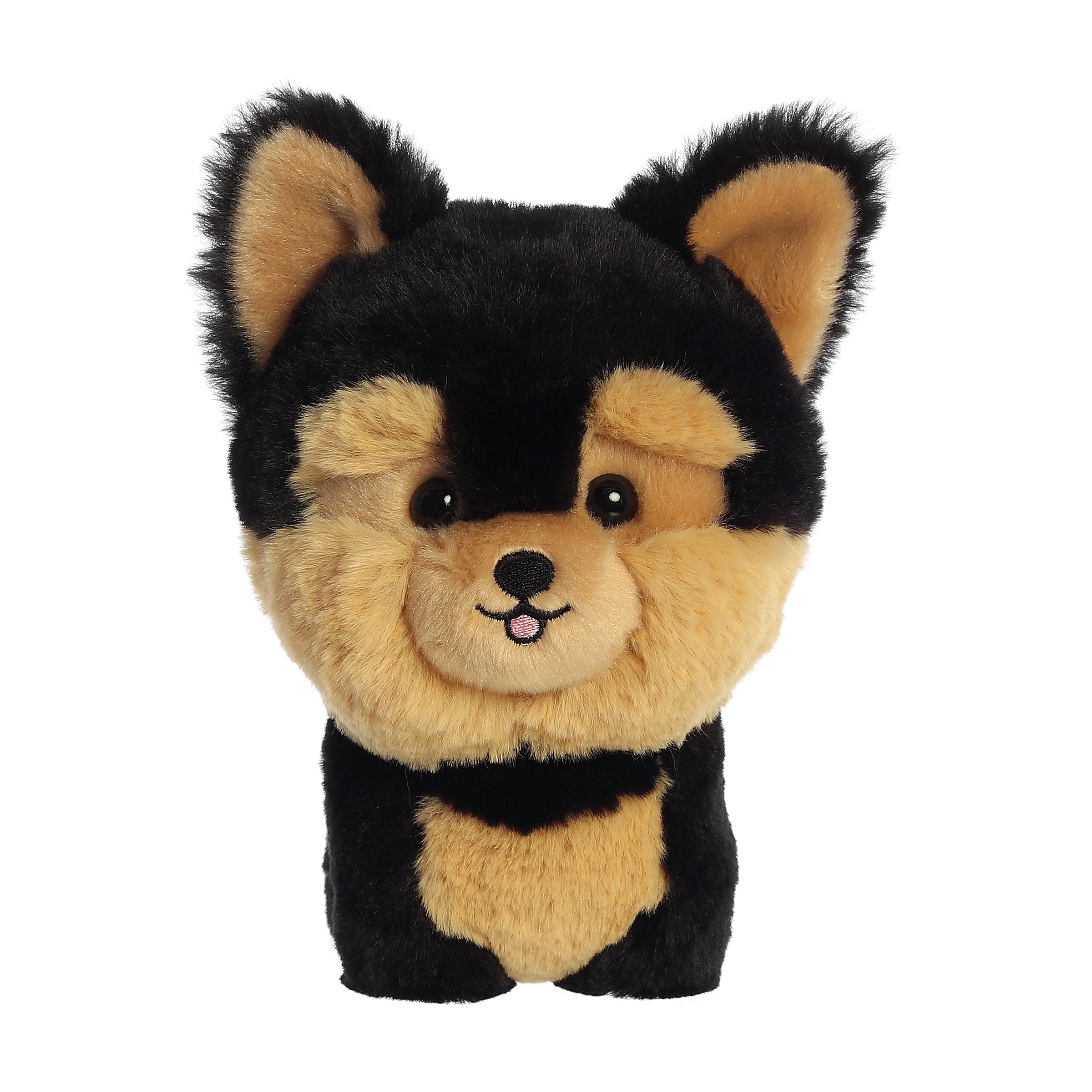 A Yorkie plush toy from Aurora stuffed animals with tan and grey fur and pointed ears.