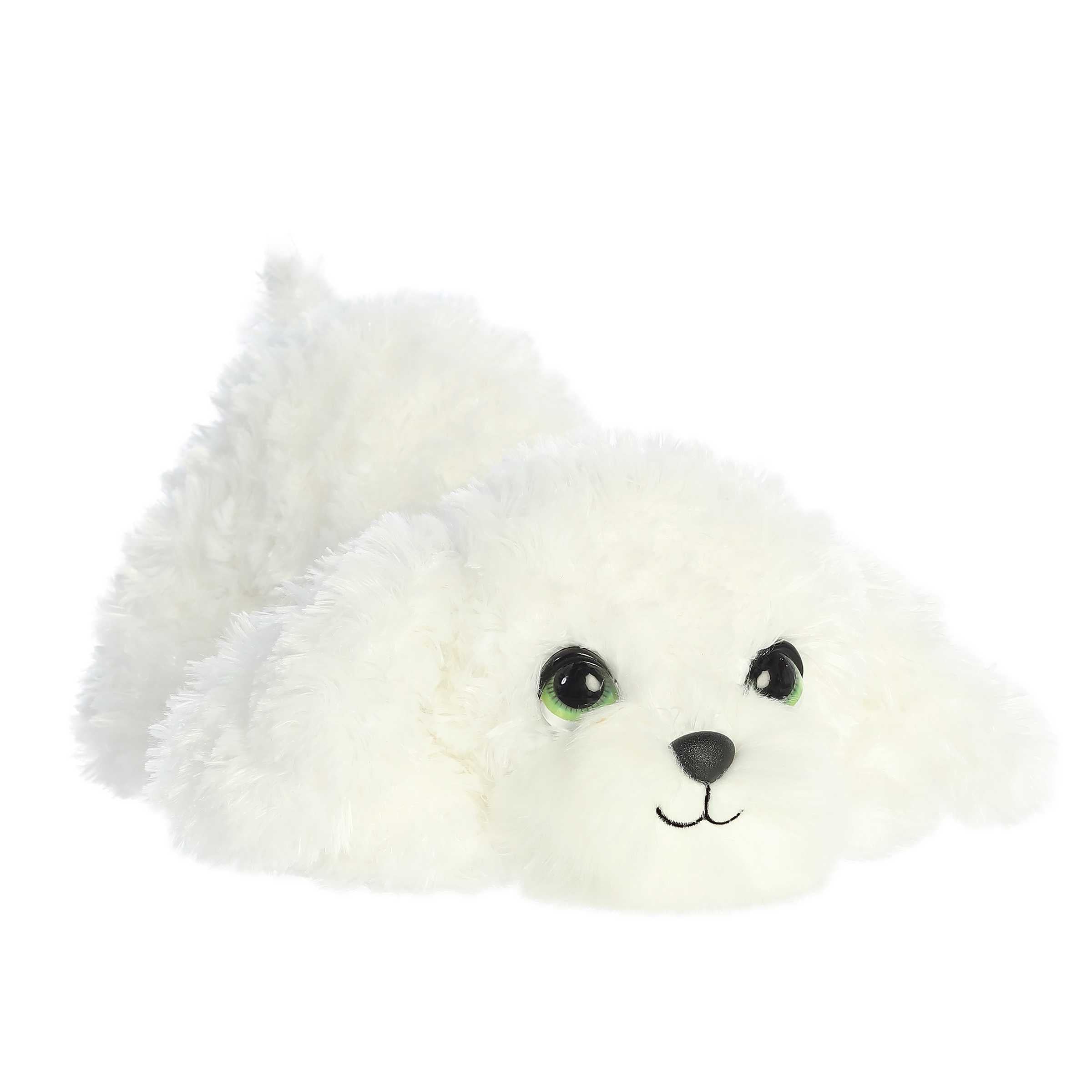 White Maltese plush in an active stance with big green eyes, offering a sweet, lifelike look for endless imaginative play.