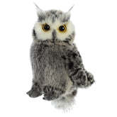 A brown owl plush toy from Aurora with speckled wings, wide yellow eyes, and soft textured feathers