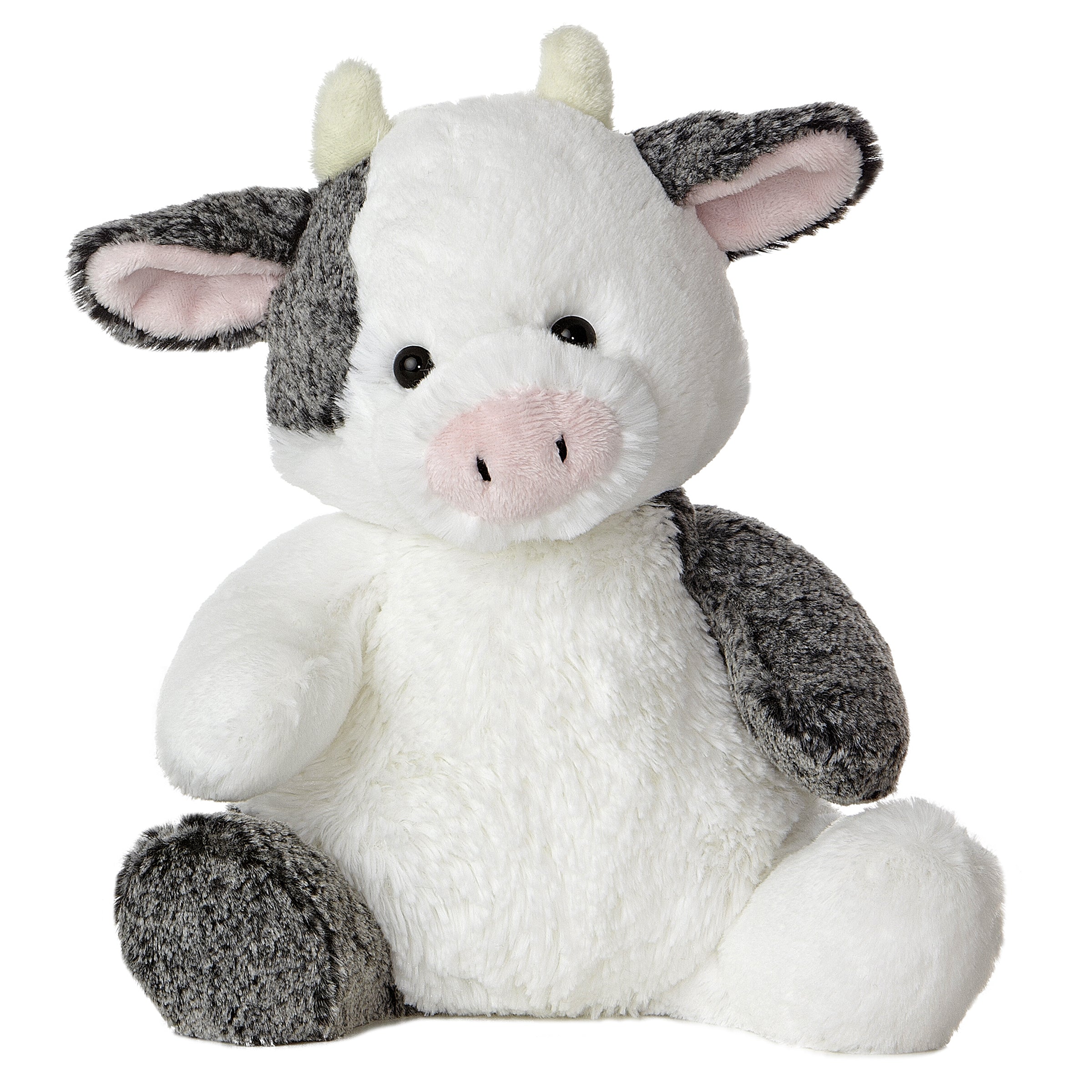 A plush cow toy from Aurora with soft white and grey fur and a cute paddle-legged design from the Sweet & Softer collection.