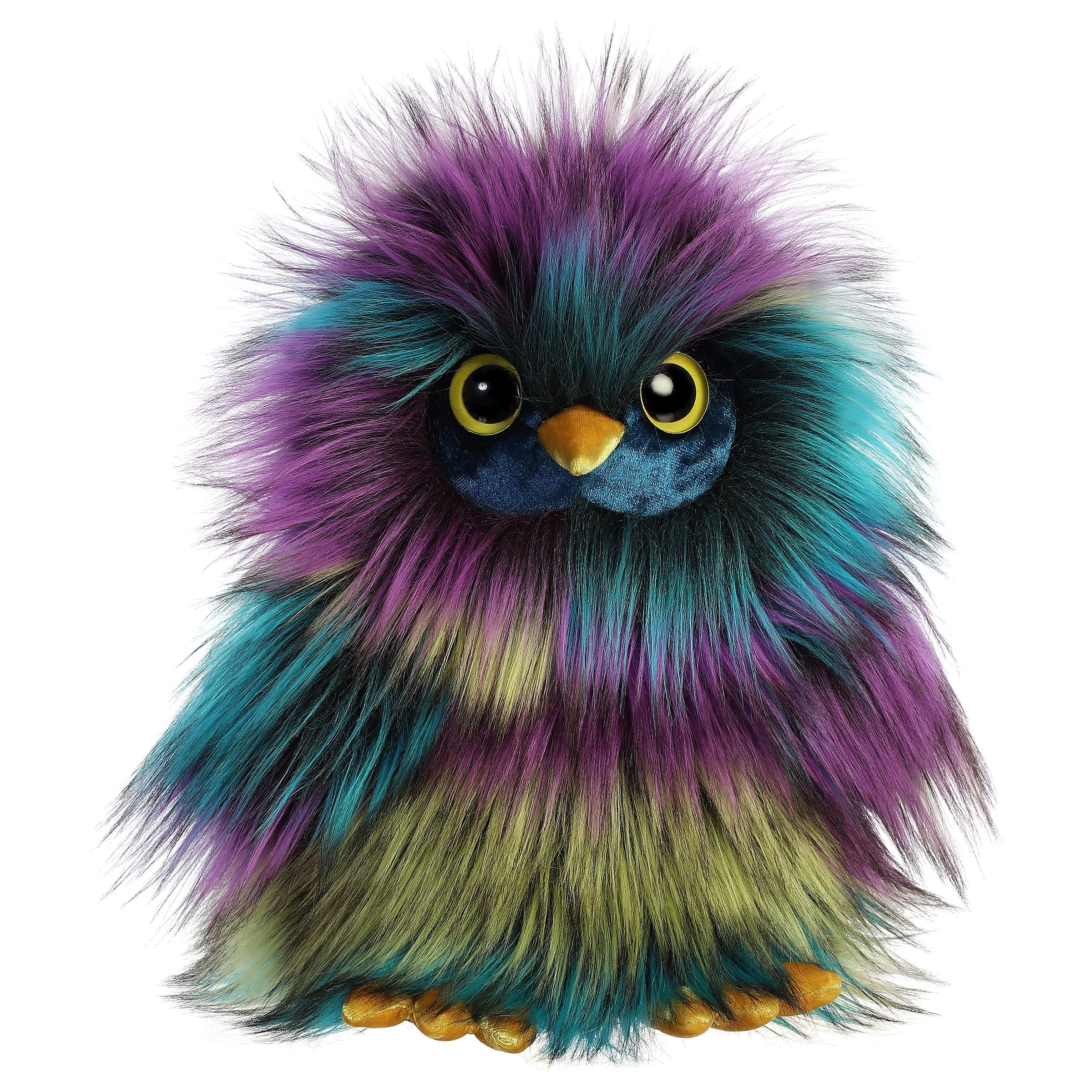 A chic owl plush with long multicolored, fluffy fur from Aurora’s Luxe Boutique collection.