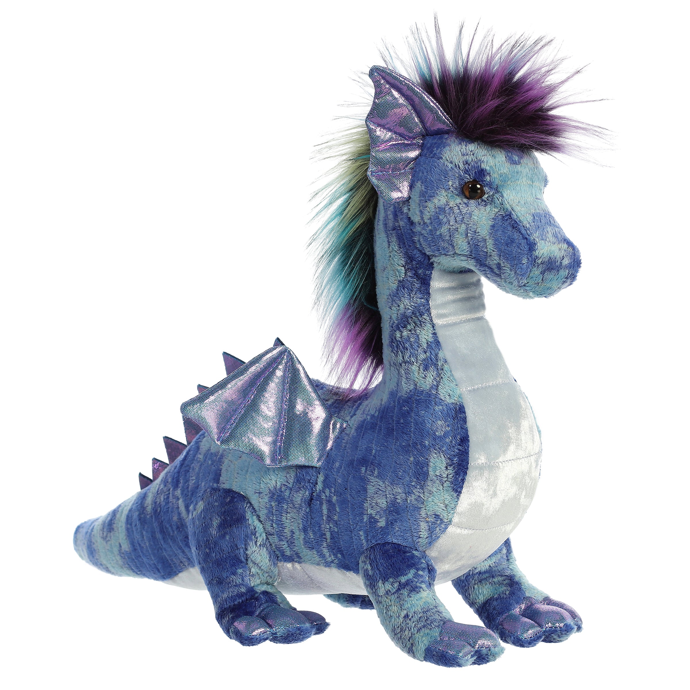 A blue dragon plush with shiny wings and vibrant fluffy hair from Aurora’s Luxe Boutique.