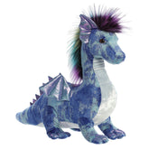 A blue dragon plush with shiny wings and vibrant fluffy hair from Aurora’s Luxe Boutique.