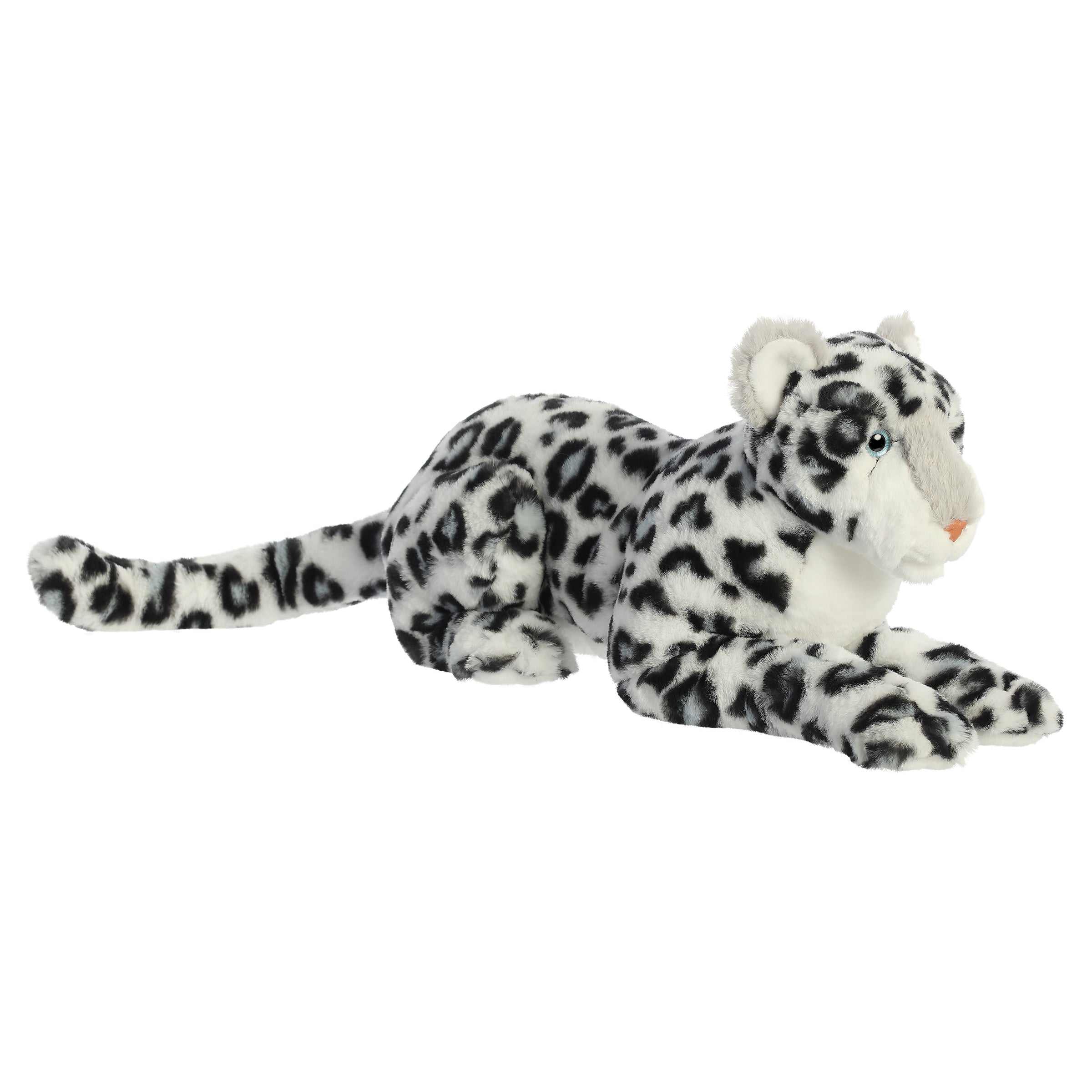 A white leopard plush toy from Aurora’s Luxe Boutique with black spots and plush premium fur.