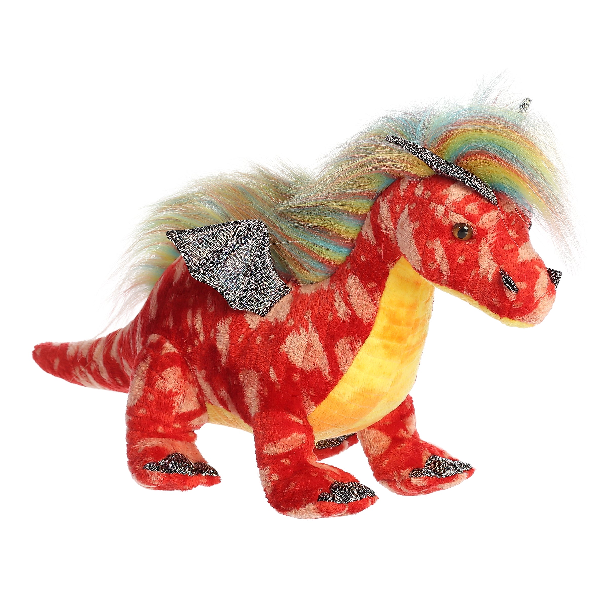 An enchanted dragon stuffed animal plush with a red body, yellow belly, and wild rainbow hair all along its spine.