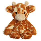 A plush giraffe toy from Aurora with brown and cream fur and a paddle-legged design