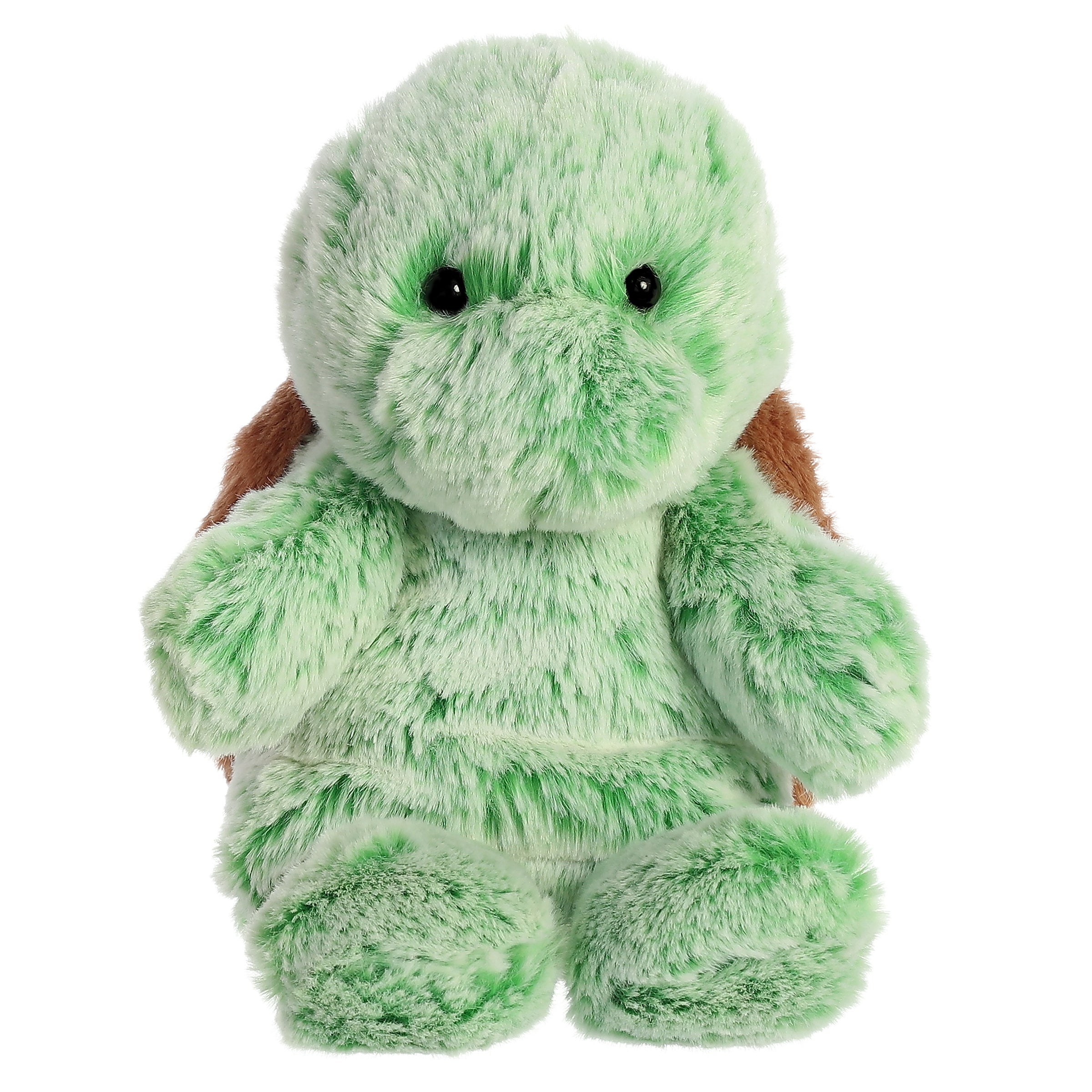 A plush turtle toy from Aurora with green and brown fur and a soft paddle-legged design