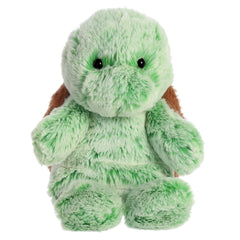 A plush turtle toy from Aurora with green and brown fur and a soft paddle-legged design
