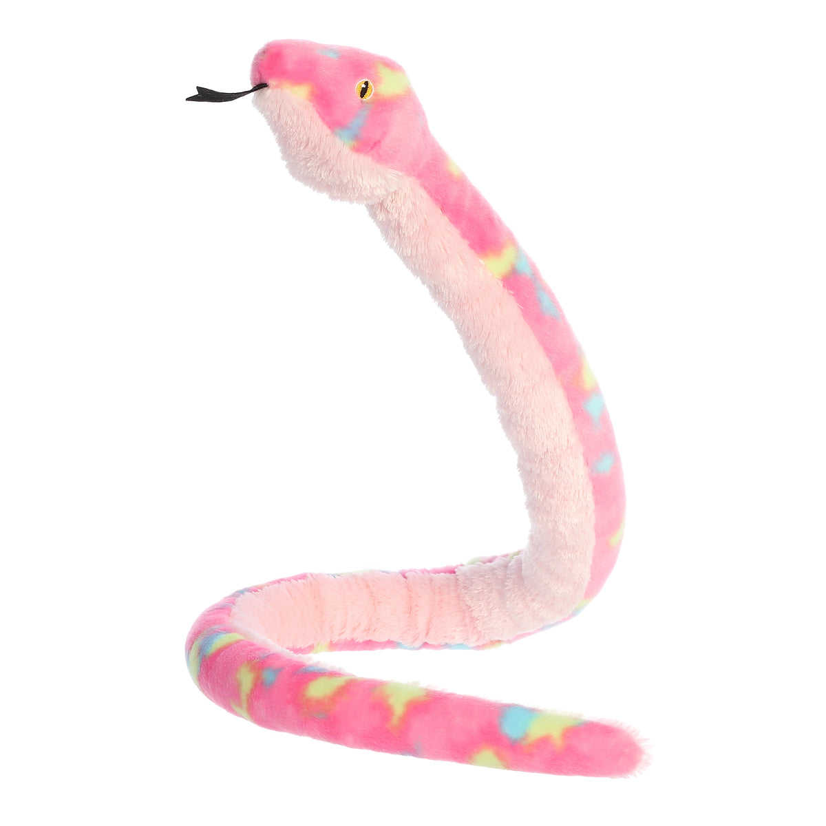 A long colorfully patterned snake stuffed animal plush that has a light pink body and blue and yellow spots throughout.