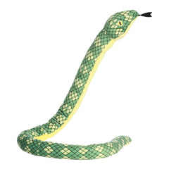 A long green and yellow diamond patterned snake stuffed animal plush that has a bright yellow underbelly.