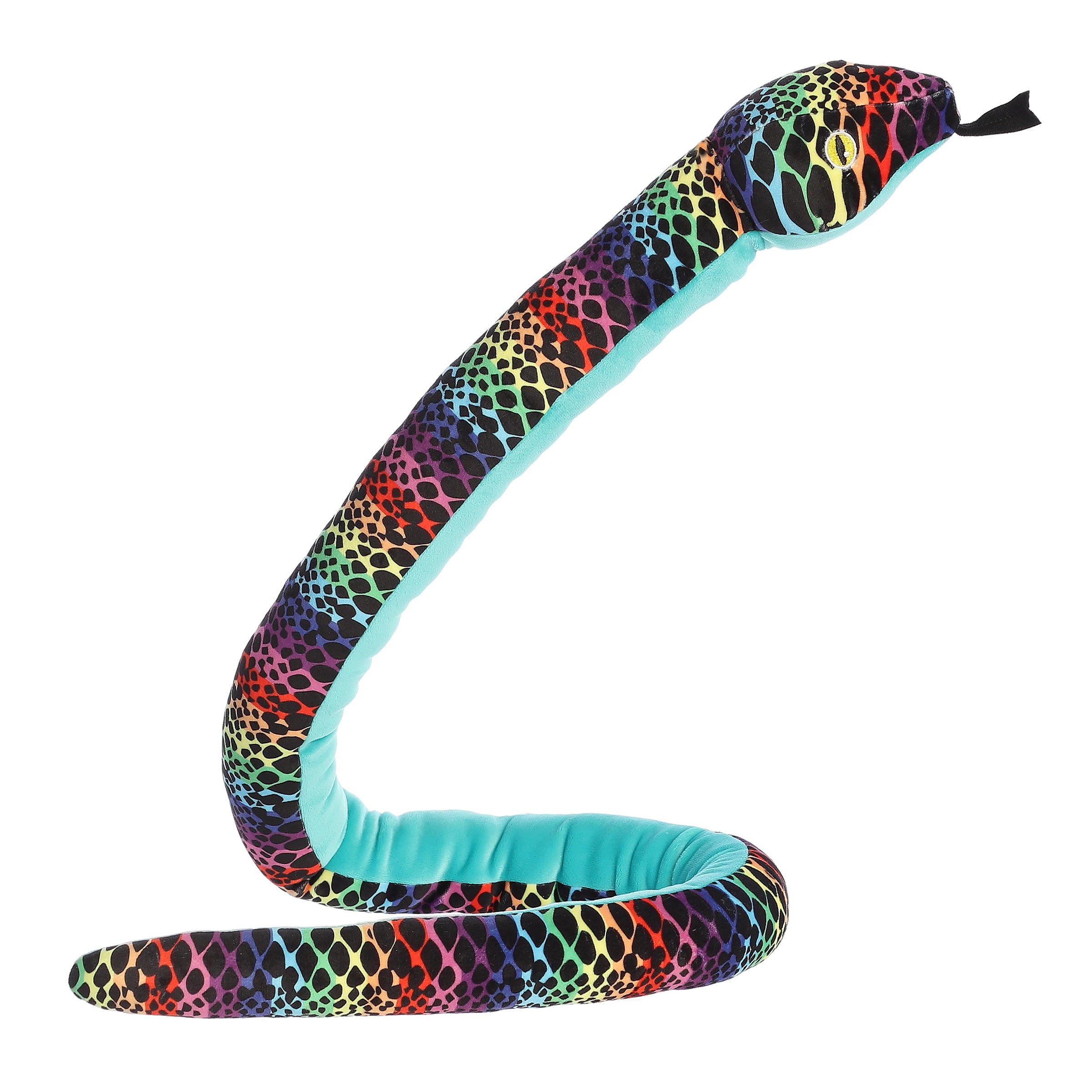 A long rainbow snake stuffed animal plush that has a bright blue underbelly and rainbow scales.