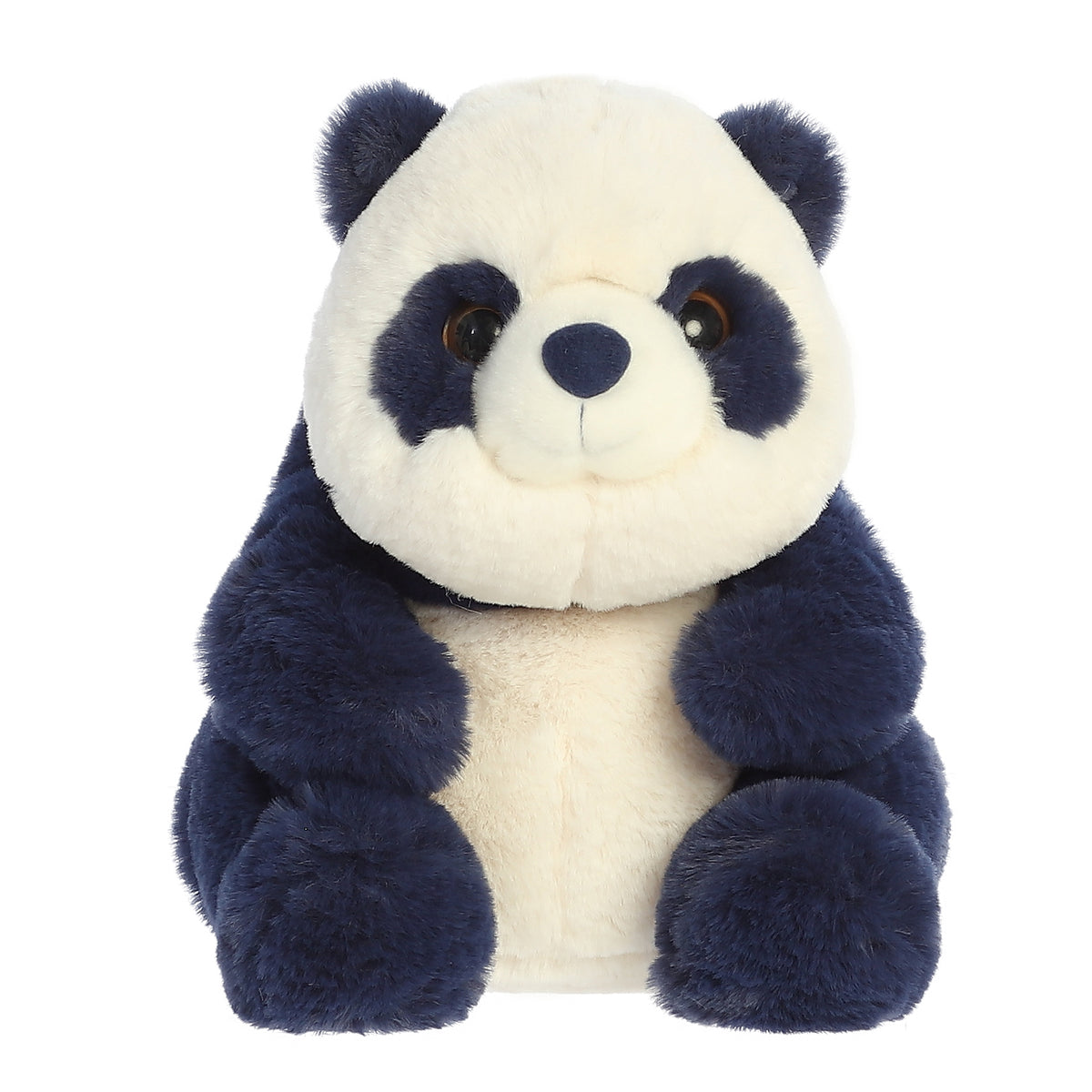 A medium-sized panda stuffed animal that strays from the traditional black and white with its rich navy fur coloring.