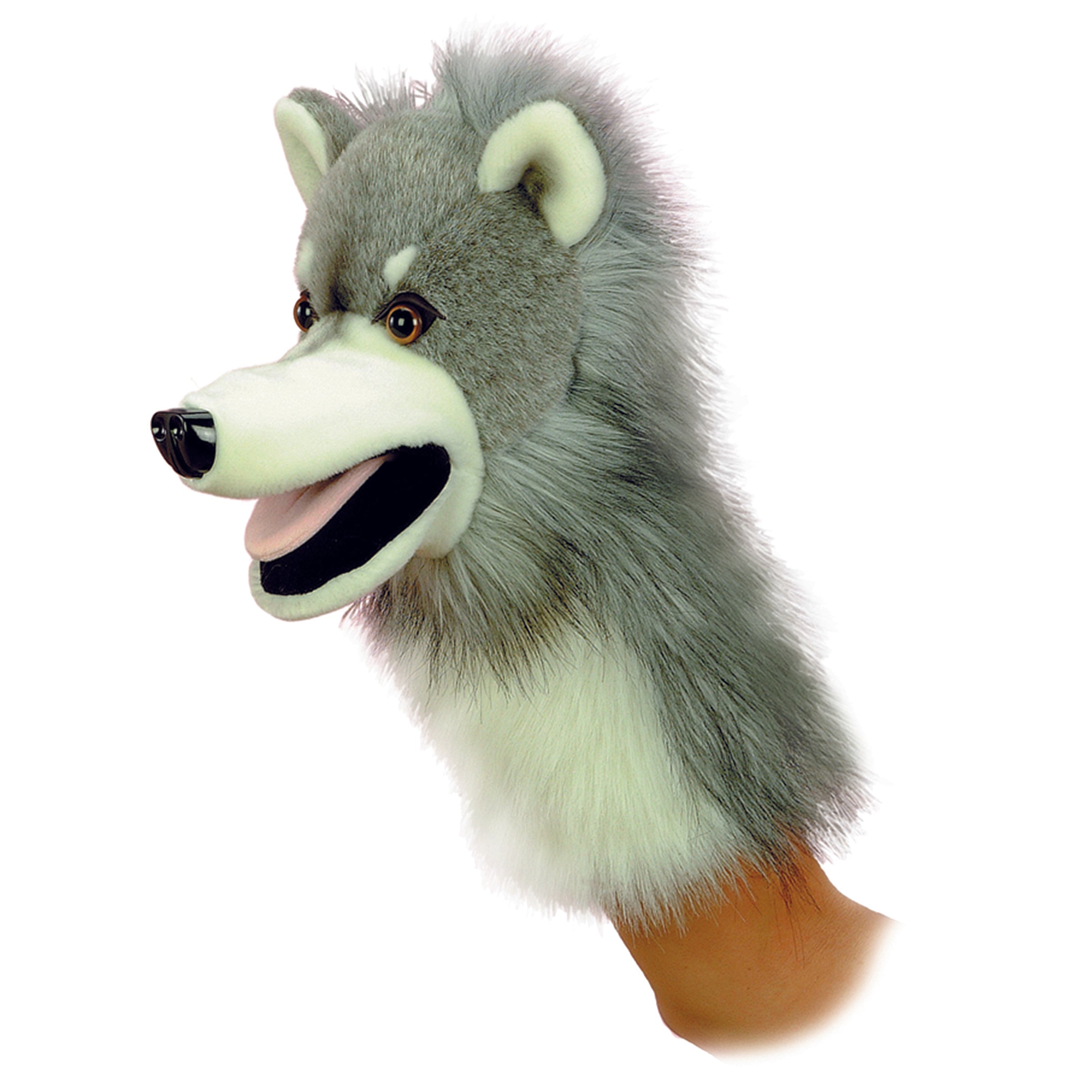 Hand puppet of a gray wolf with plush fur and pointed ears for creative and fun playtime.