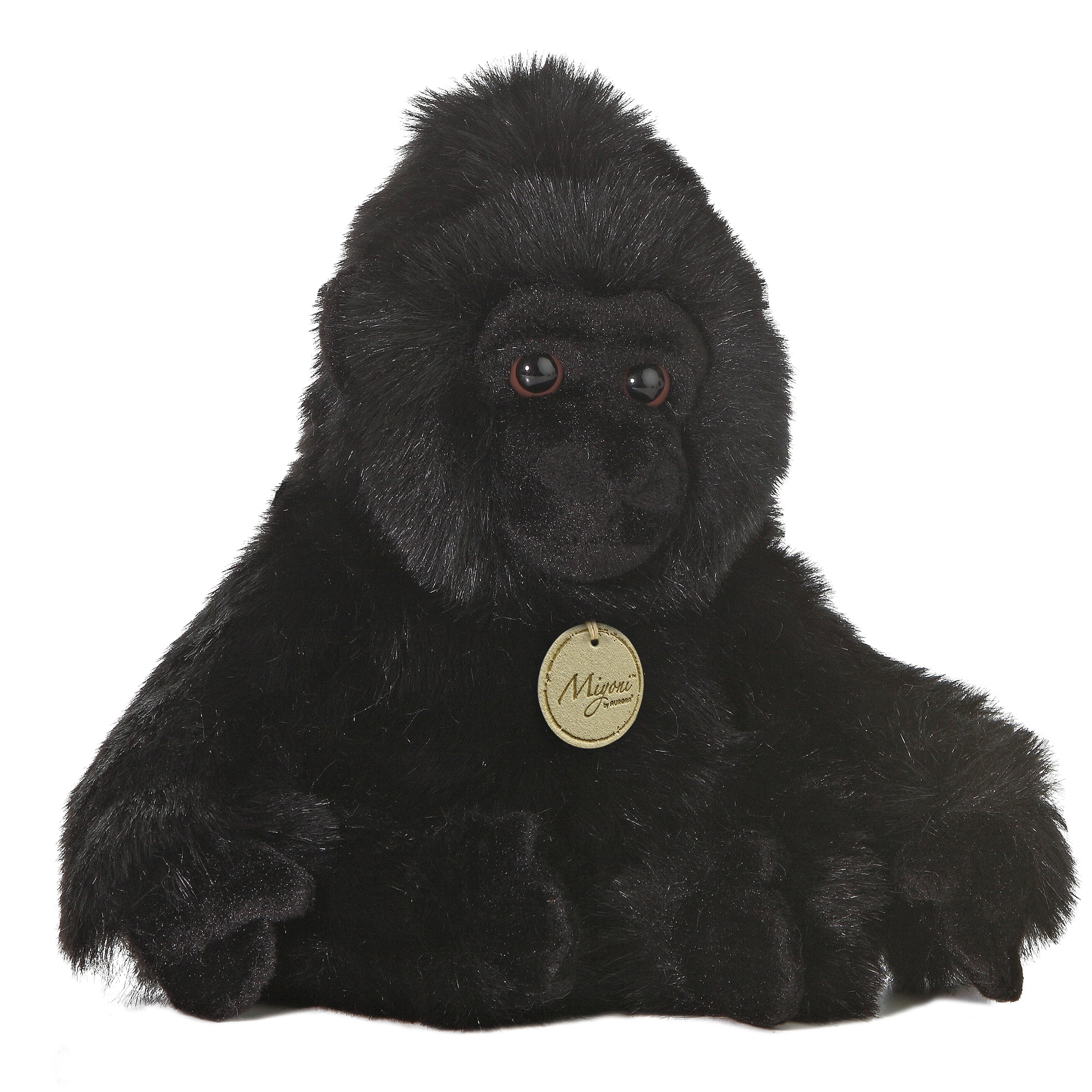A black gorilla plush toy from Miyoni by Aurora with plush detailing and embroidered facial features.