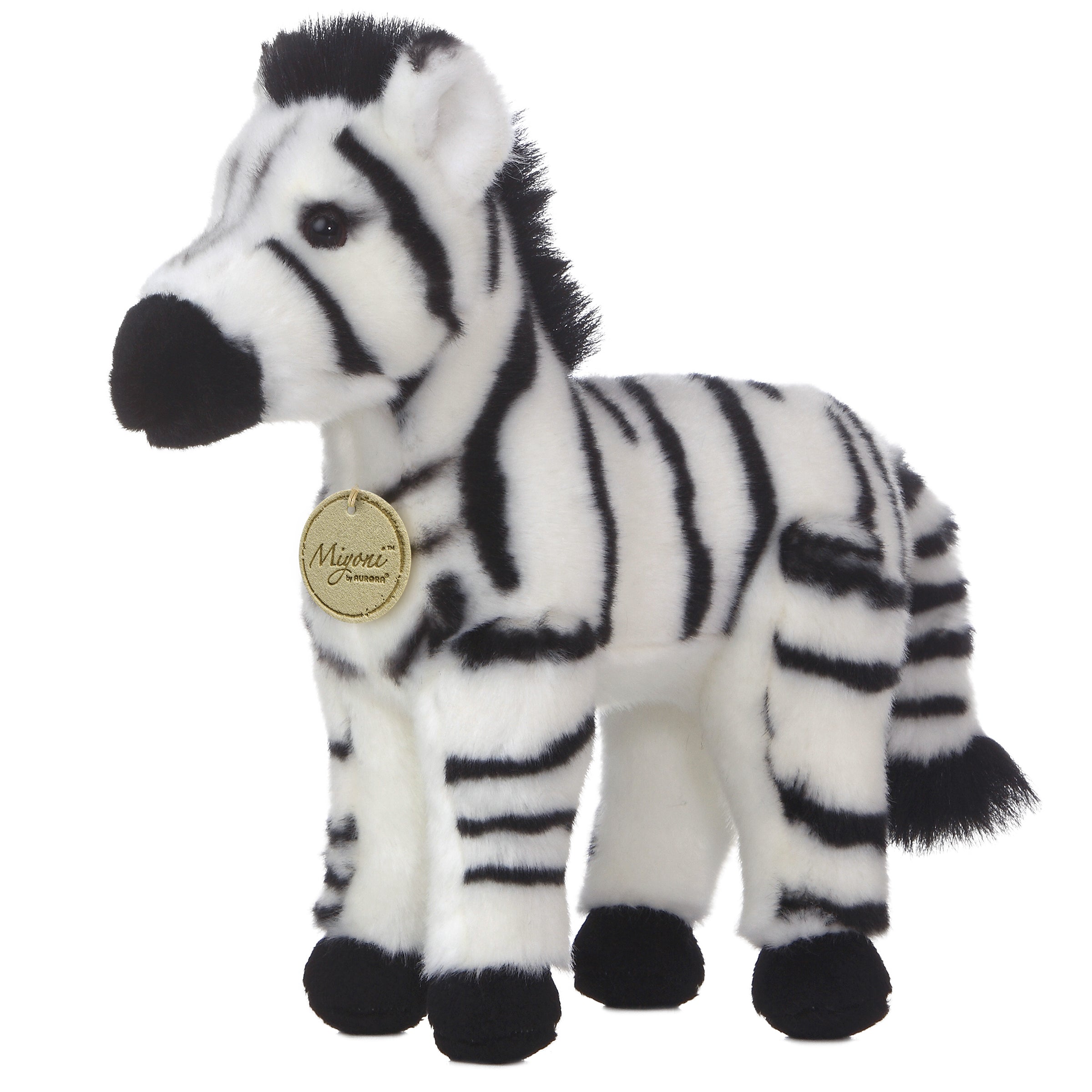 A black and white striped zebra plush toy from Miyoni by Aurora with realistic patterning and pointed ears.
