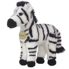 A black and white striped zebra plush toy from Miyoni by Aurora with realistic patterning and pointed ears.