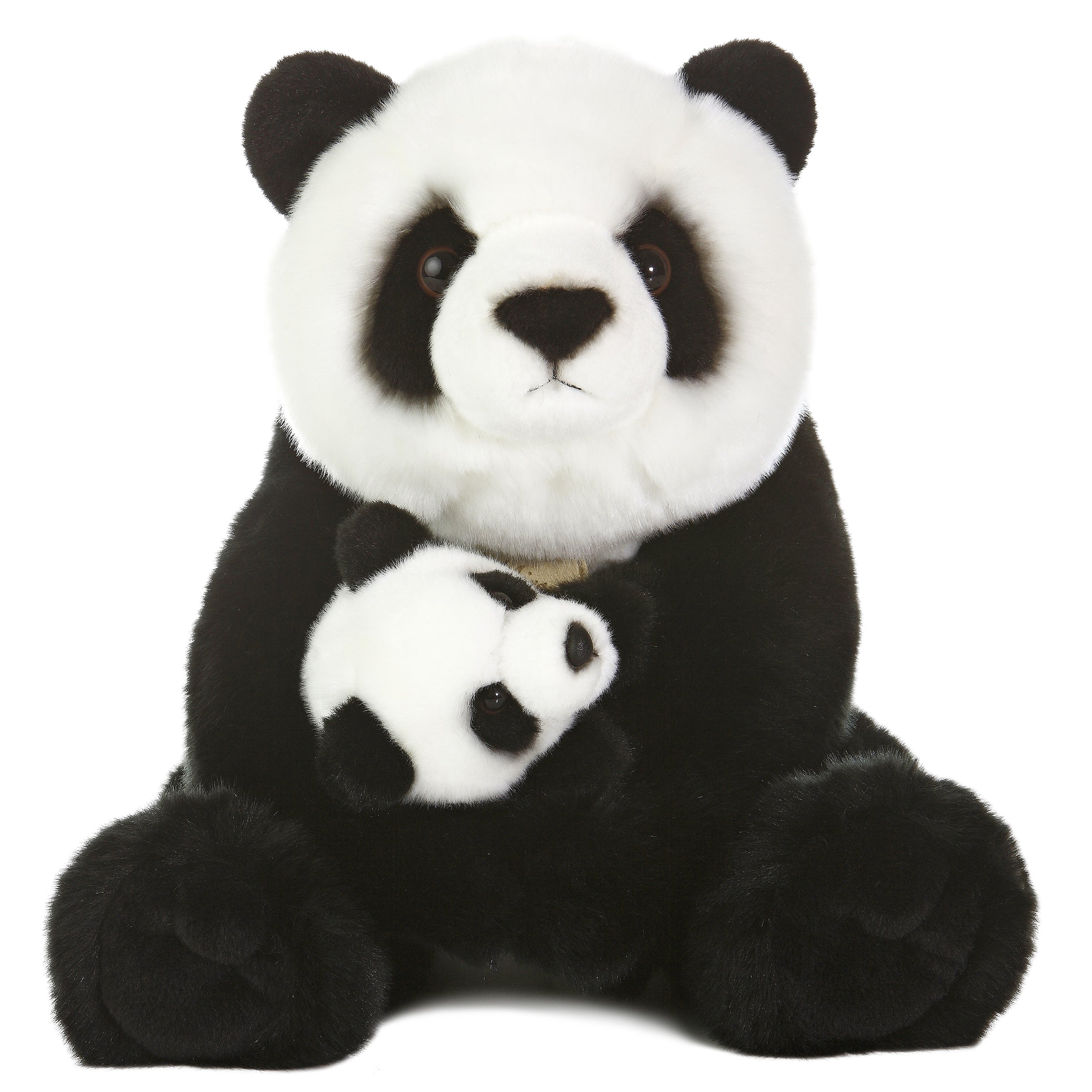 A black and white panda plush toy from Miyoni by Aurora holding a tiny baby cub in its arms