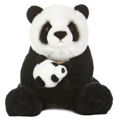 A black and white panda plush toy from Miyoni by Aurora holding a tiny baby cub in its arms