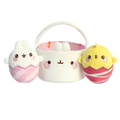 Molang Easter Basket set, including Molang and Piu Piu plushies in a plush pastel Easter basket