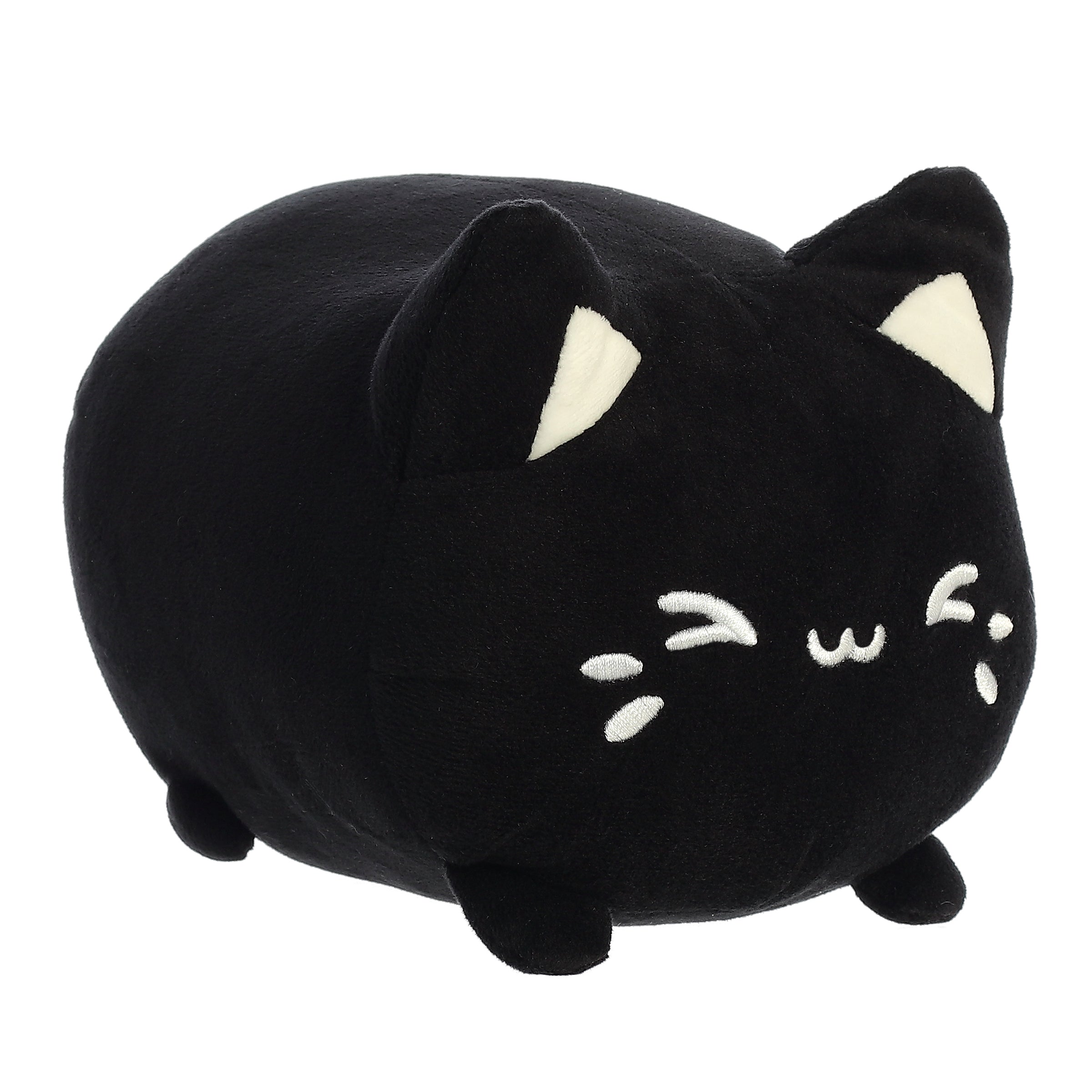 A black plush Meowchi toy from Tasty Peach with white-tipped ears and stitched facial details
