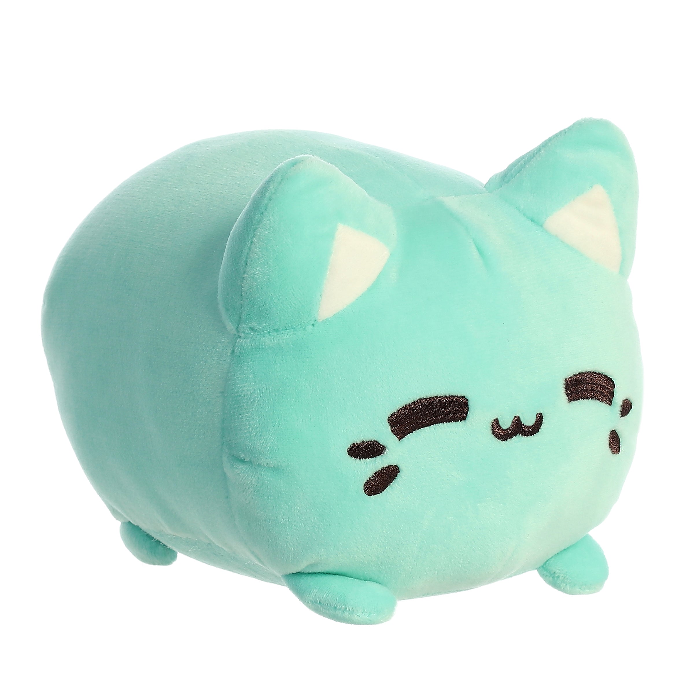 A mint green Meowchi plush toy from Tasty Peach with rounded body and stitched face