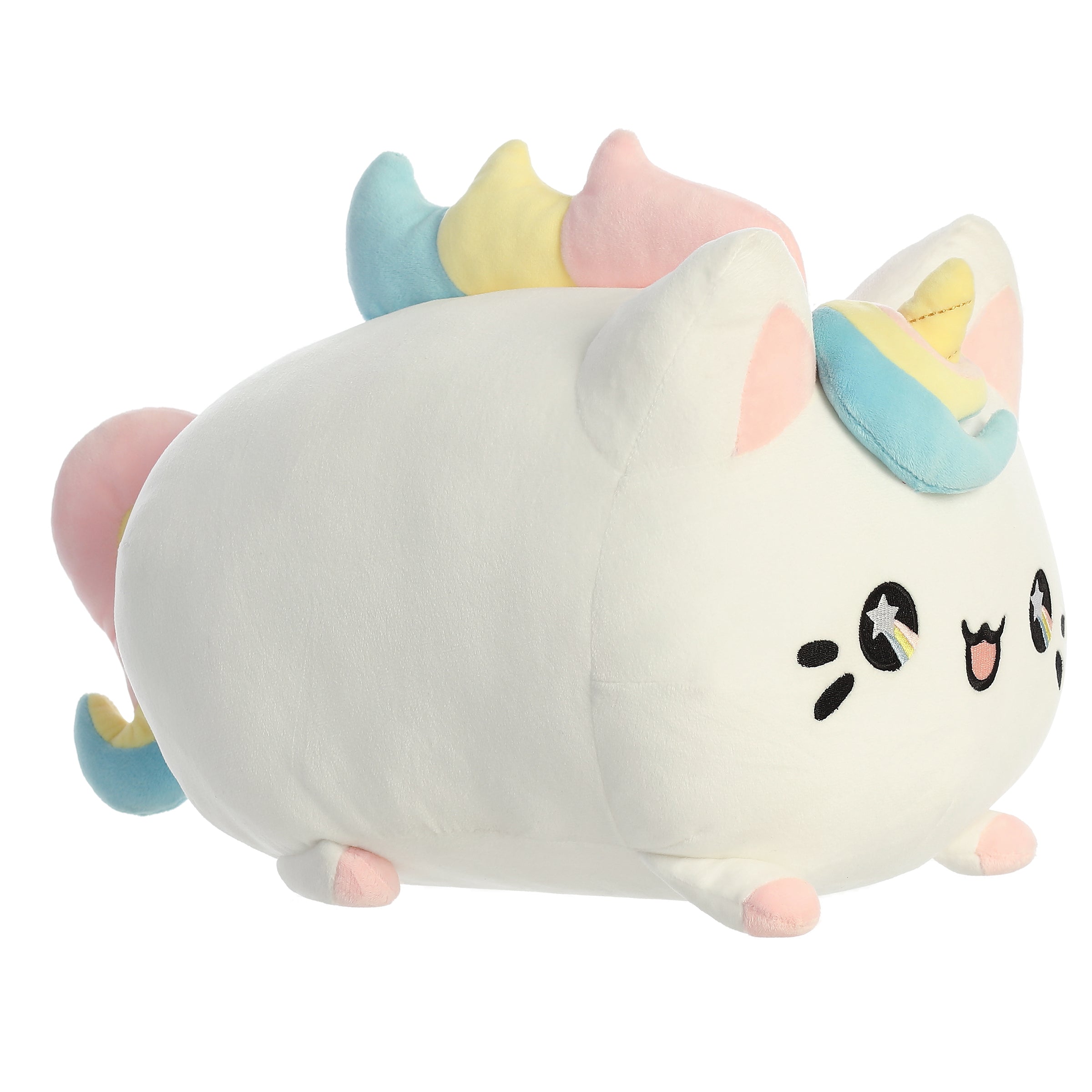 A white Meowchi unicorn plush from Tasty Peach with pastel mane, golden horn, and starry-eyed embroidered face.