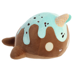 Mint chocolate narwhal plush toy from Tasty Peach plush with waffle cone horn and sweet minty colors.