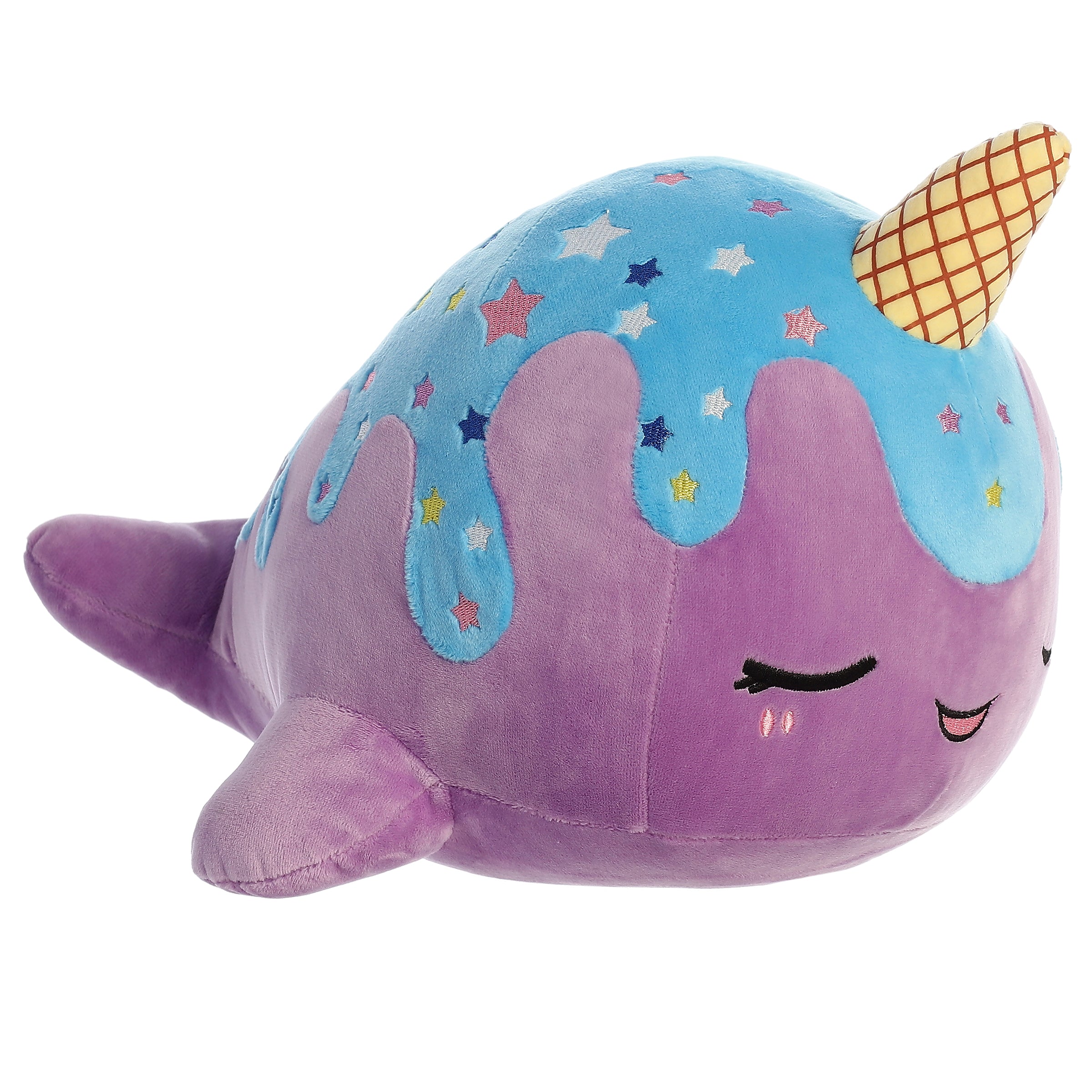 Purple narwhal plush from Tasty Peach Aurora plush with blue star-studded topping and cone horn.