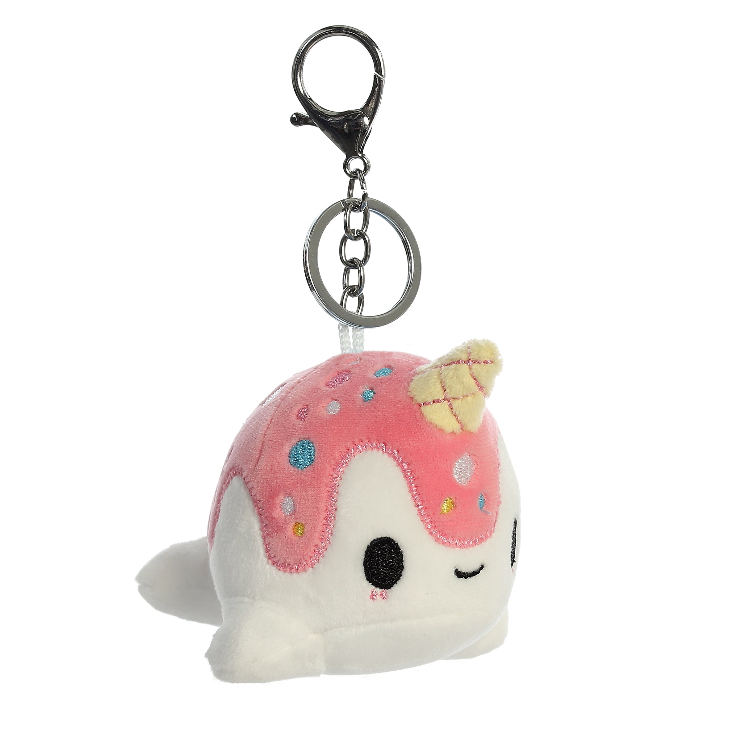 Pink narwhal keychain plush by Tasty Peach from Aurora plush with sprinkles and waffle cone horn