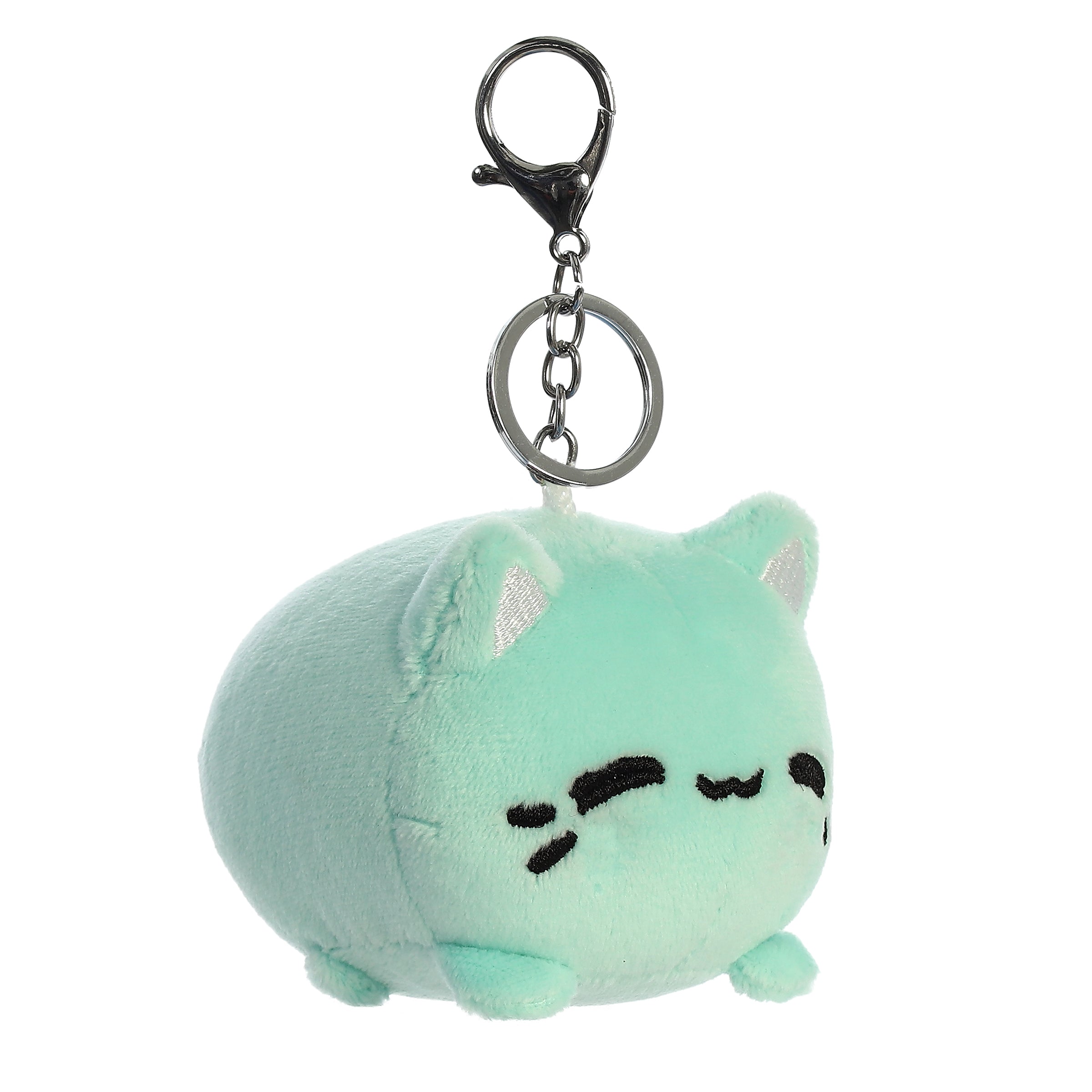 Mint-green Meowchi plush keychain from Tasty Peach by Aurora with cute embroidered face.