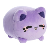 A purple Tasty Peach Meowchi plush that is a round cylinder shape with the resemblance of an animated squinting happy cat.