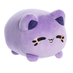 A purple Tasty Peach Meowchi plush that is a round cylinder shape with the resemblance of an animated squinting happy cat.