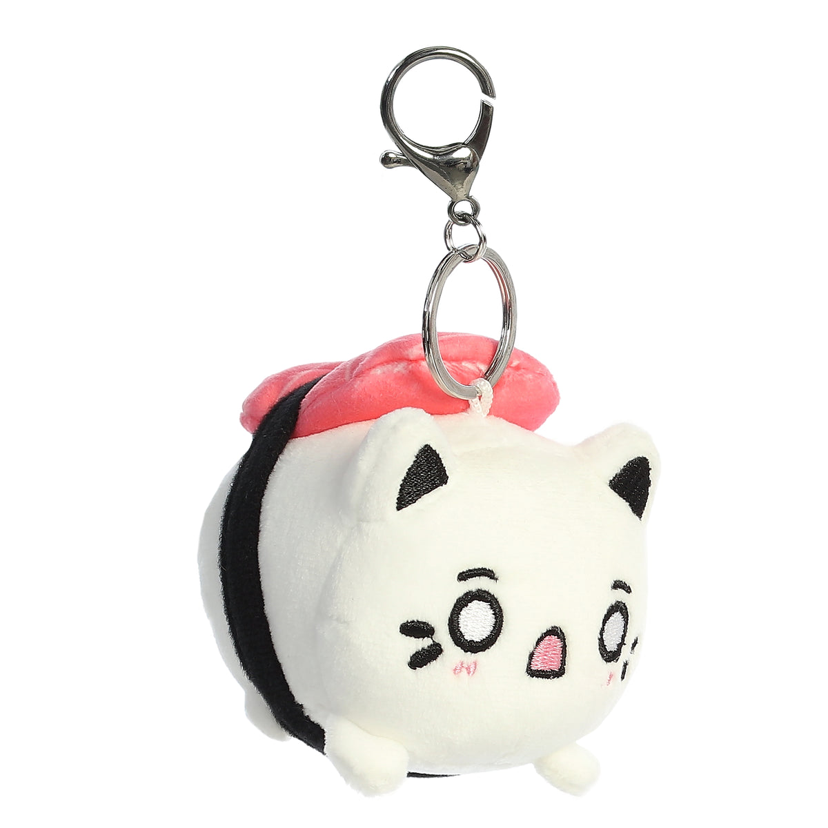 A white Meowchi cat clip-on made to resemble a sushi roll with a pink slice of tuna and a surprised animated expression.