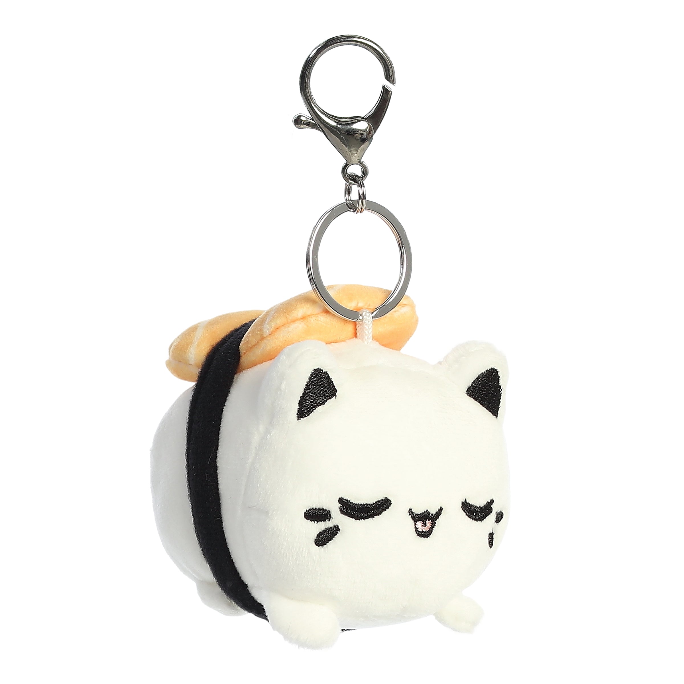 A white Meowchi cat clip-on made to resemble a sushi roll with an orange slice of salmon and a peaceful animated expression.