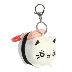 A white Meowchi cat clip-on made to resemble a sushi roll with a pink shrimp on top and a devious animated expression.