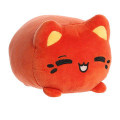 A red Tasty Peach Meowchi plush that's a round cylinder shape with the resemblance of an animated happy cat with eyes closed.