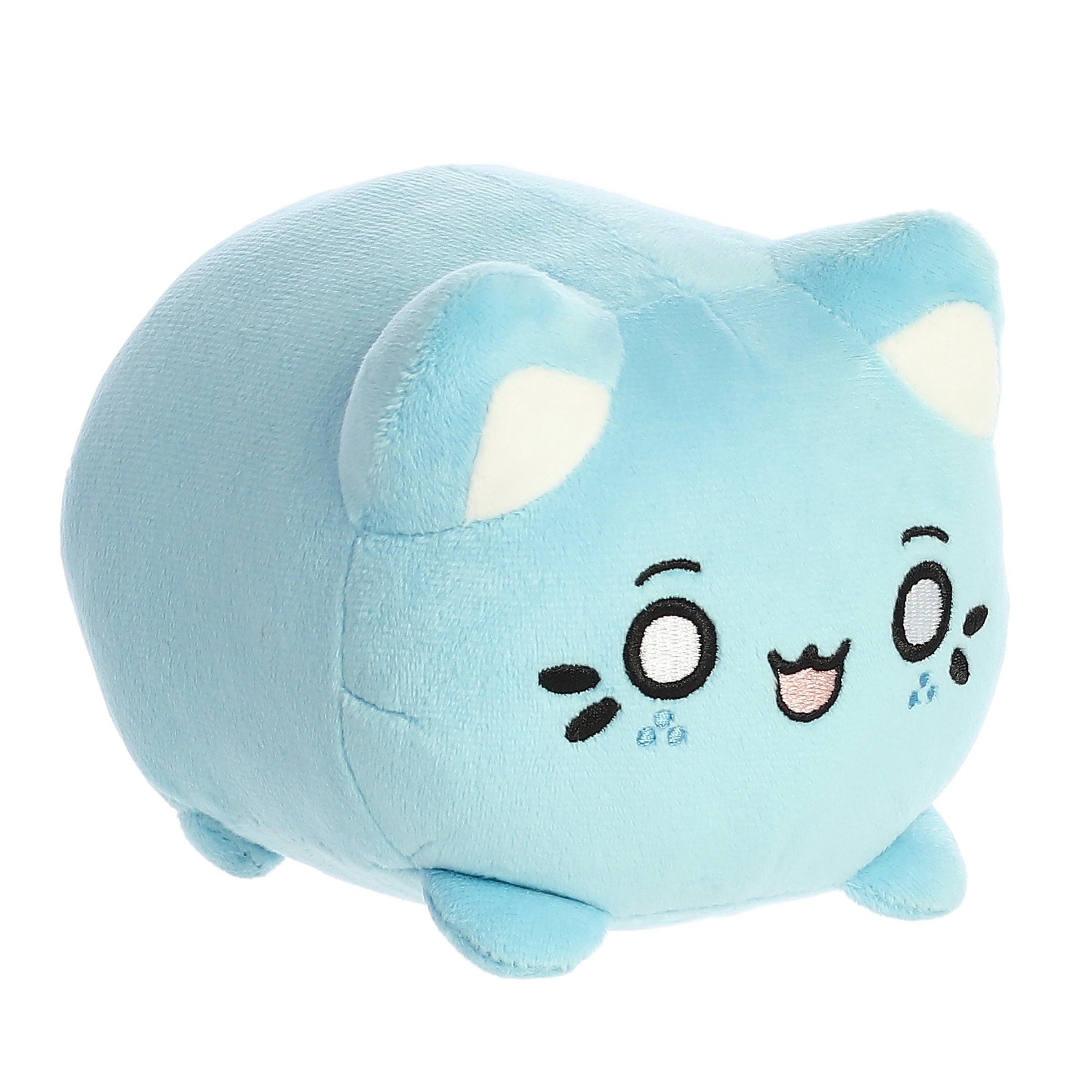 A light blue Tasty Peach Meowchi plush that is a round cylinder shape with the resemblance of an animated happy cat.