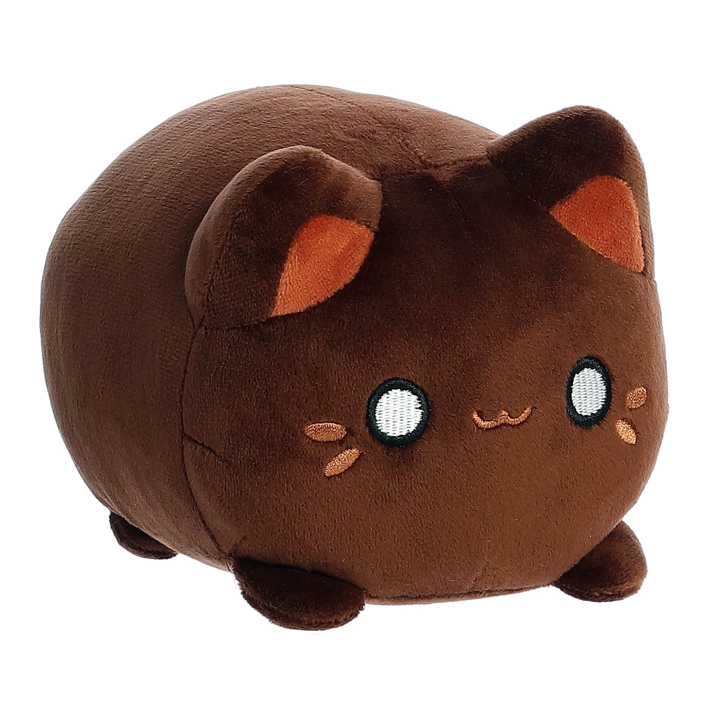 A dark brown Tasty Peach Meowchi plush that is a round cylinder shape with the resemblance of an animated happy cat.