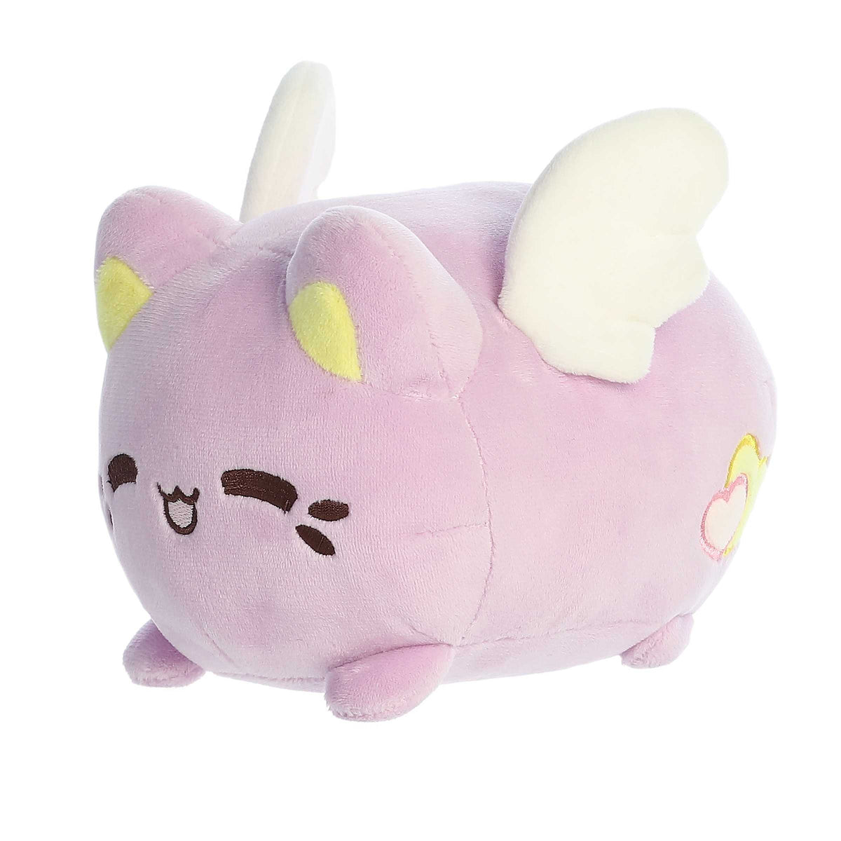 Lavender Candy Heart Meowchi with white wings, yellow ear accents. Soft purple plush from Tasty Peach Valentine plushies