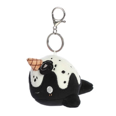Clip-on Tasty Peach Narwhal plush in cookies & cream pattern with an adorable ice cream horn, ready to accompany you anywhere