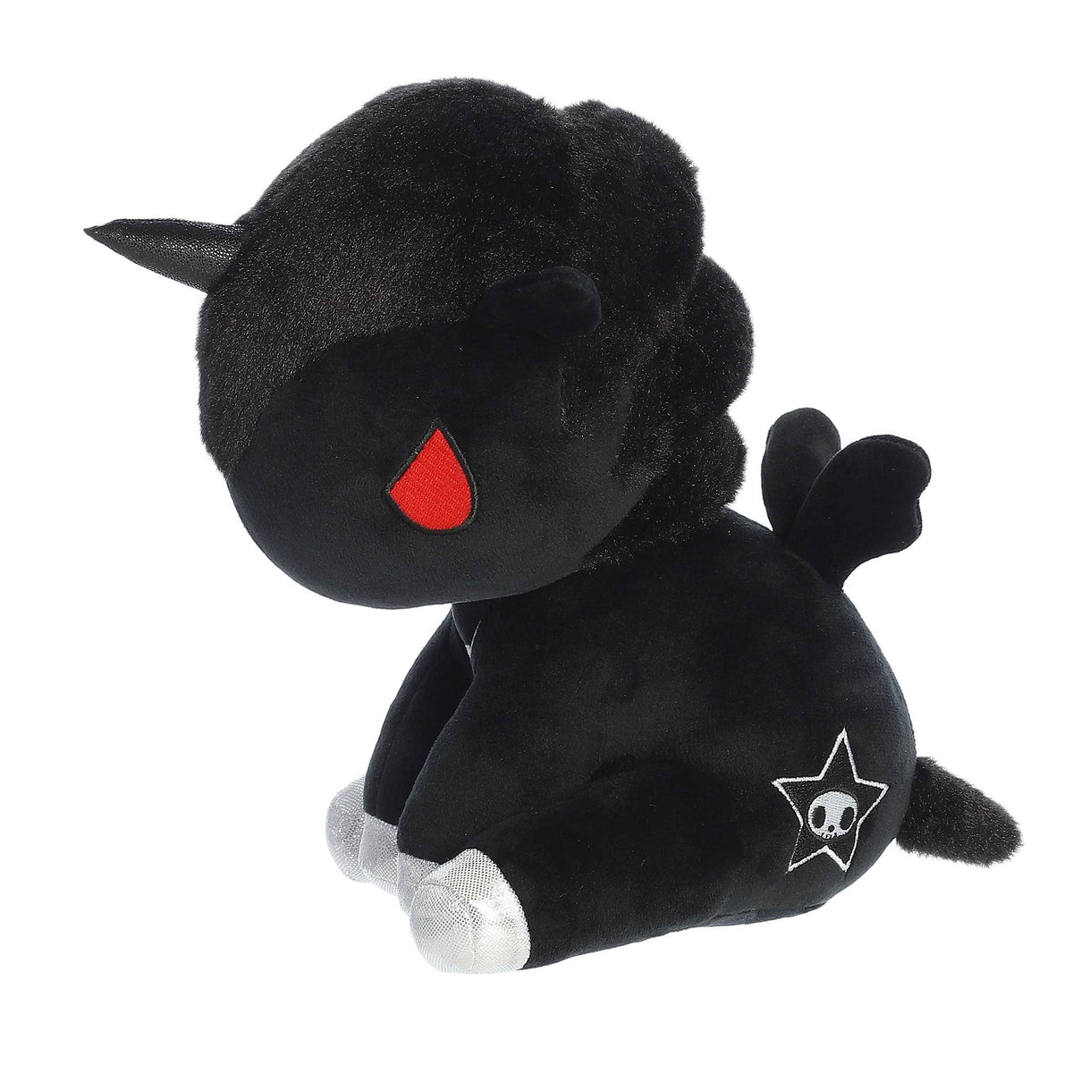 Cuddly cute unicorn plush in a sitting position with black body and black fur, sparkly silver hooves and red accents on eyes.