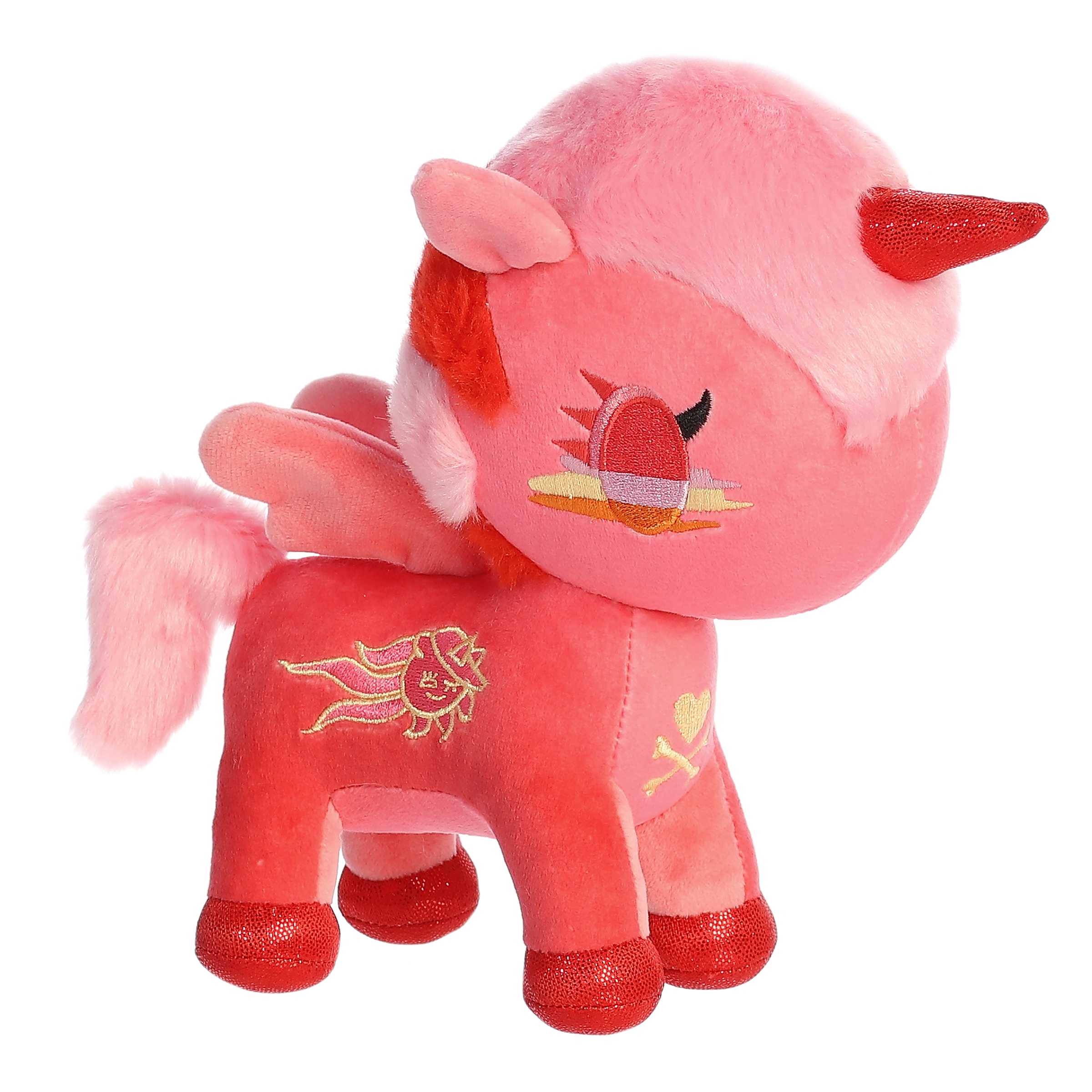 Toki Mochi Unicorno Alba plush in bright red with pink mane, magical horn, and red wings, ready for cuddles.