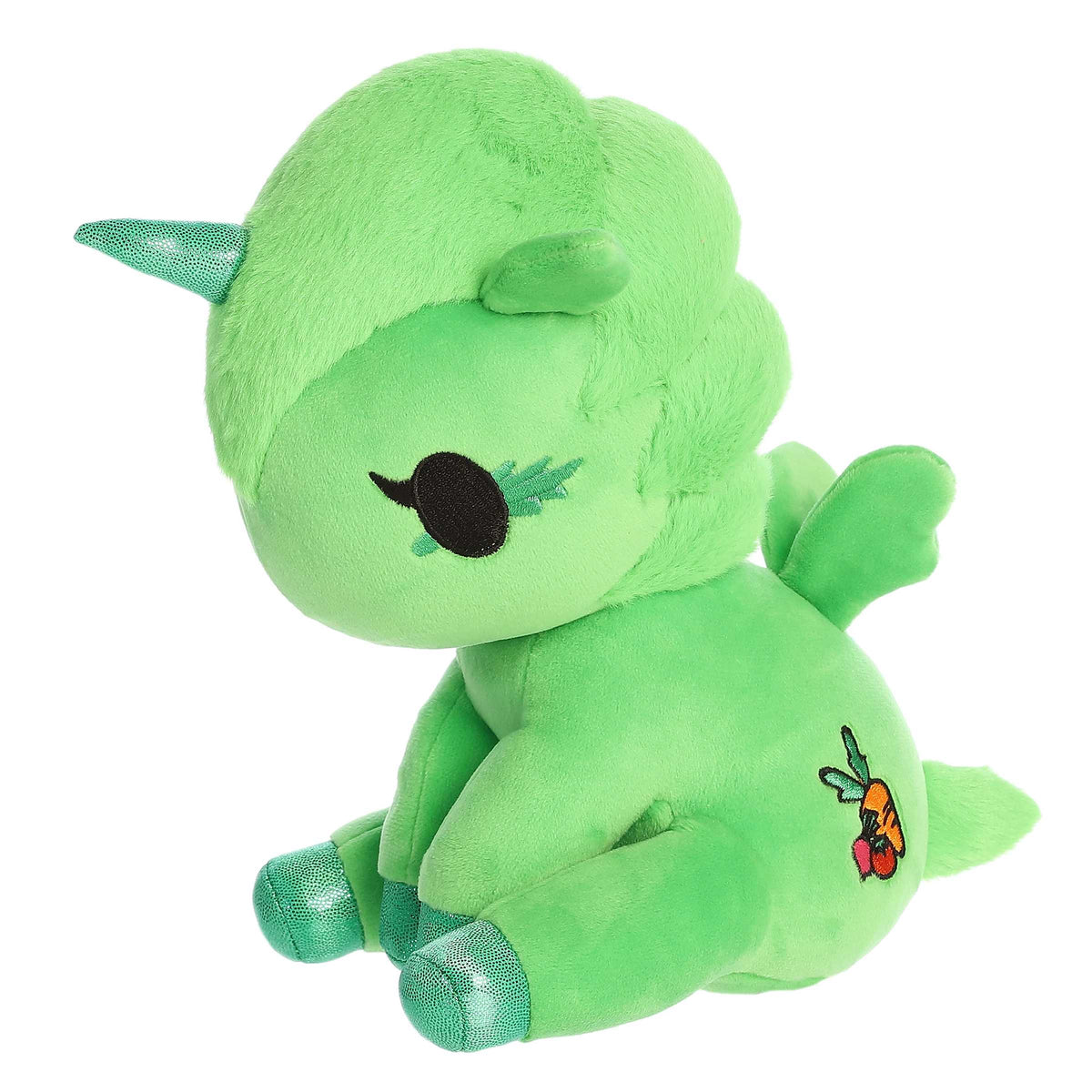 Unicorno plush, with a green body, angelic wings, and sparkly horn, inspires playful adventures by Aurora tokidoki plush.